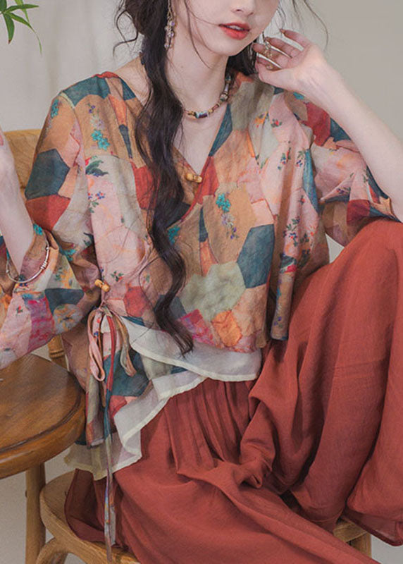 Colorblock Asymmetrical Design Print Lace Up Patchwork Shirt Top Summer