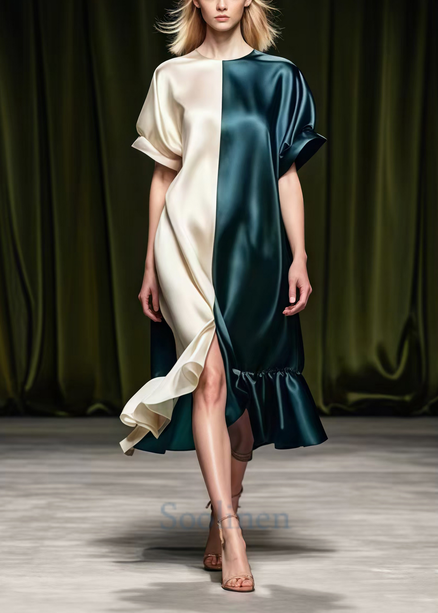 Colorblock Asymmetrical Patchwork Side Open Silk Vacation Dresses Summer
