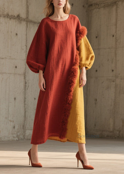 Colorblock Fuzzy Fur Fluffy Patchwork Cotton Long Dress Fall