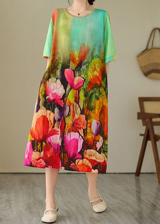 Colorblock O Neck Print Patchwork Cotton Dress Summer
