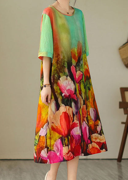 Colorblock O Neck Print Patchwork Cotton Dress Summer