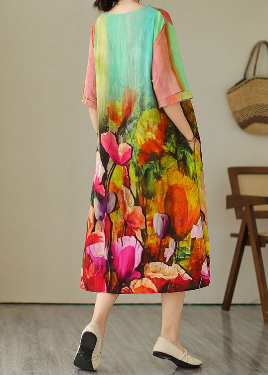 Colorblock O Neck Print Patchwork Cotton Dress Summer