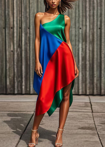 Colorblock One Shoulder Asymmetrical Patchwork Silk Holiday Dress Summer