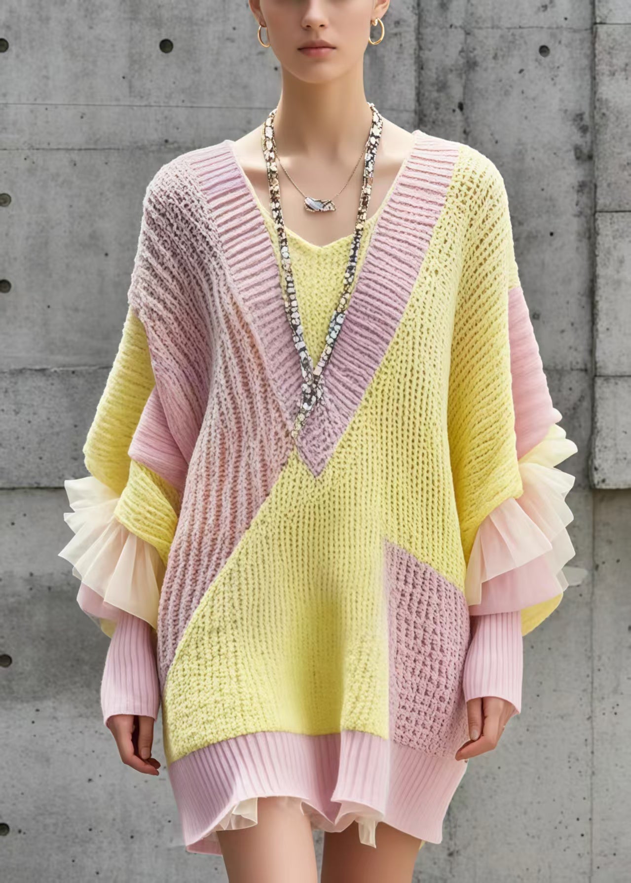 Colorblock Oversized Patchwork Long Sweater Batwing Sleeve