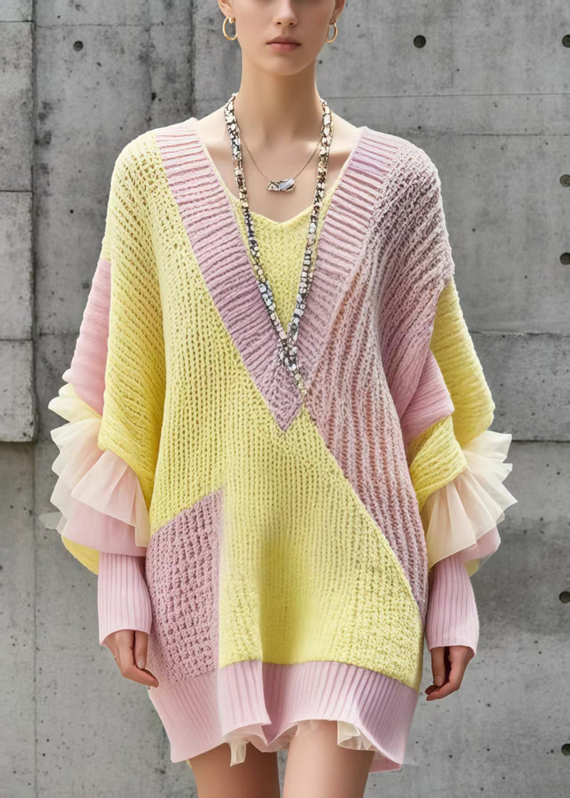 Colorblock Oversized Patchwork Long Sweater Batwing Sleeve