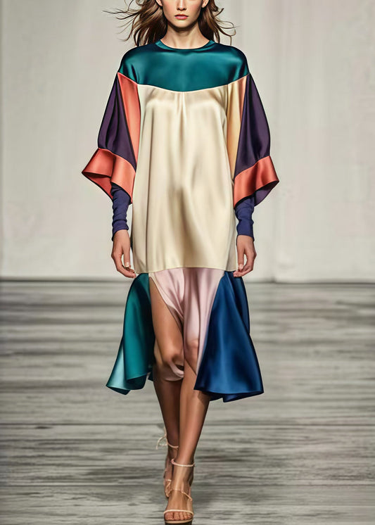 Colorblock Oversized Patchwork Side Open Silk Dress Summer