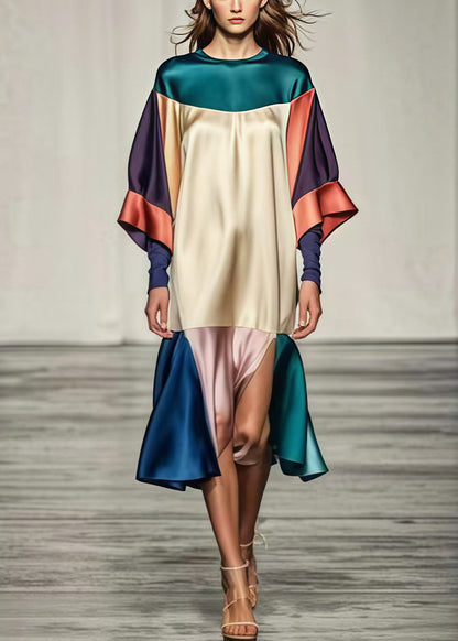 Colorblock Oversized Patchwork Side Open Silk Dress Summer