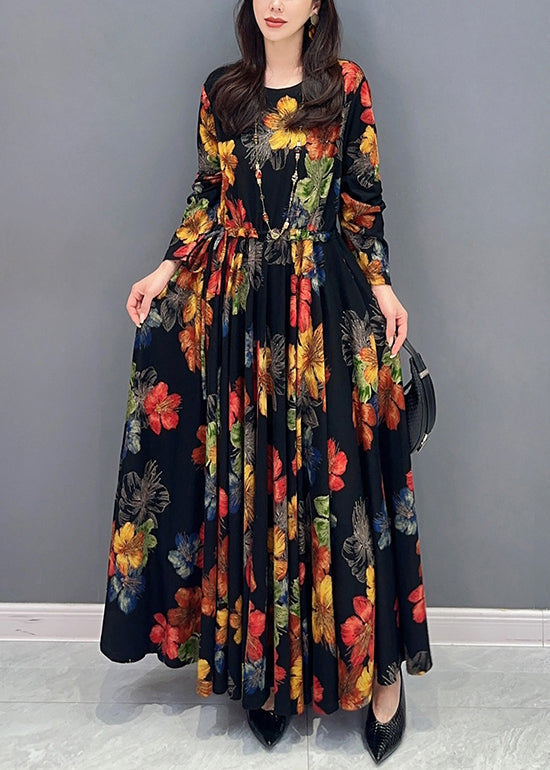 Colorblock Print Wrinkled Patchwork Cotton Long Dress Fall