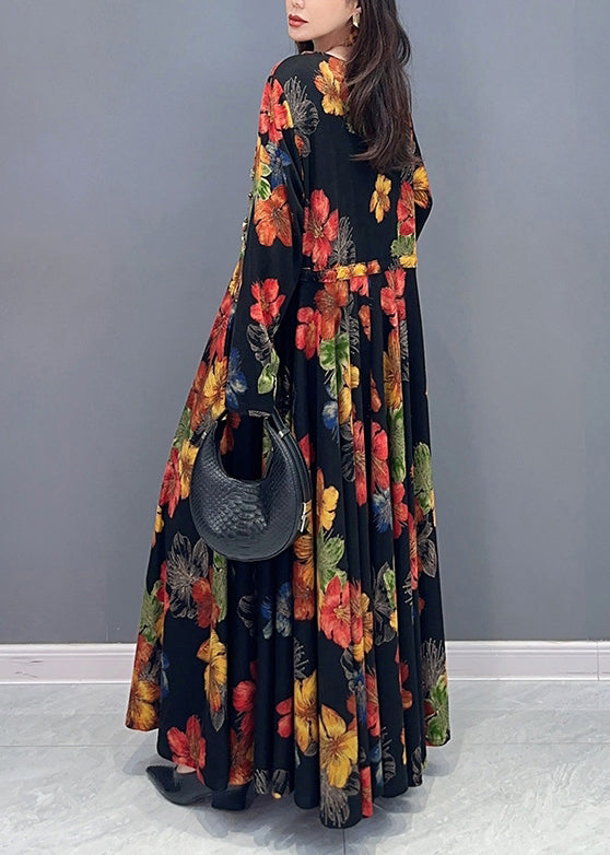 Colorblock Print Wrinkled Patchwork Cotton Long Dress Fall