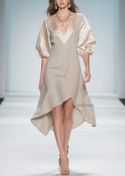 Colorblock Puff Sleeve Patchwork Linen Silk Dresses