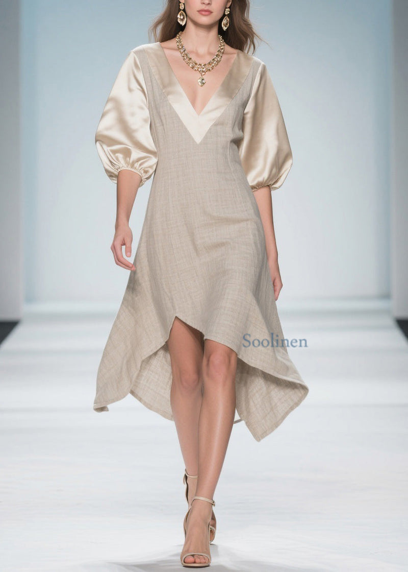 Colorblock Puff Sleeve Patchwork Linen Silk Dresses