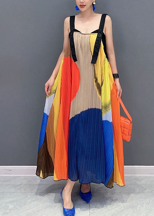 Colorblock Slash Neck Wrinkled Maxi Dress Sleeveless