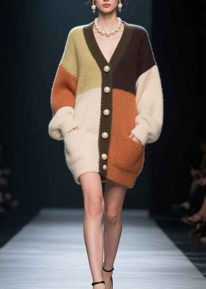 Colorblock V Neck Button Patchwork Knit Loose Coat Fall
