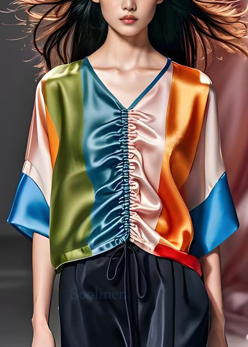 Colorblock V Neck Cinched Silk Top Summer