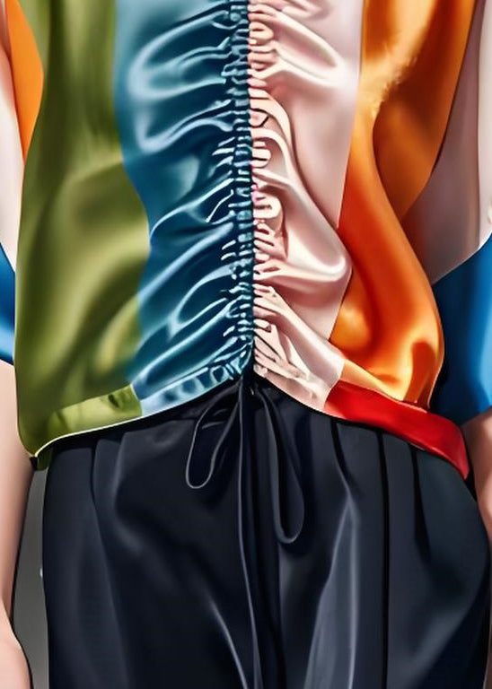 Colorblock V Neck Cinched Silk Top Summer