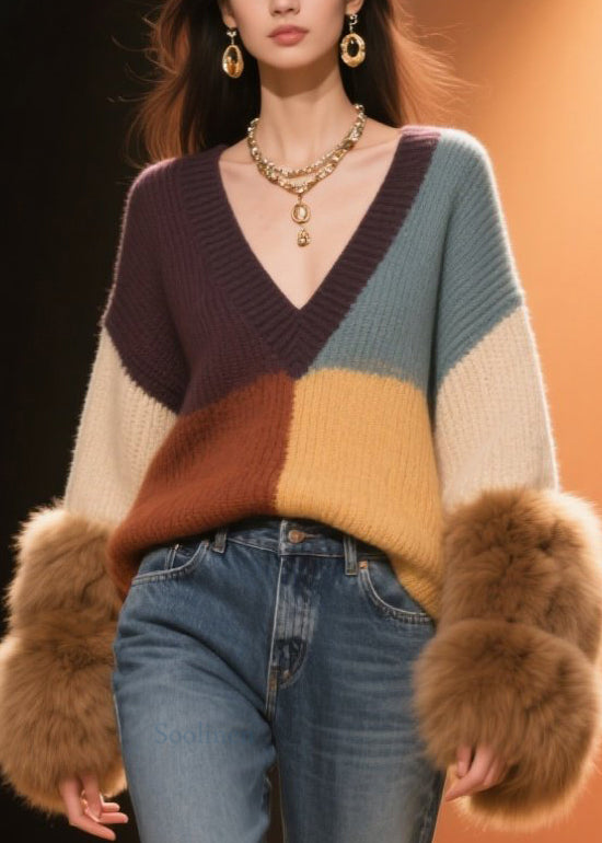 Colorblock V Neck Fuzzy Fur Fluffy Patchwork Knit Sweaters Fall