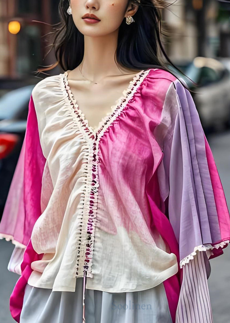 Colorblock V Neck Patchwork Cotton Tops Summer