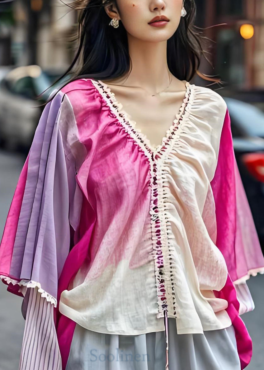 Colorblock V Neck Patchwork Cotton Tops Summer