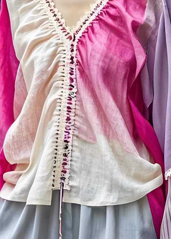 Colorblock V Neck Patchwork Cotton Tops Summer