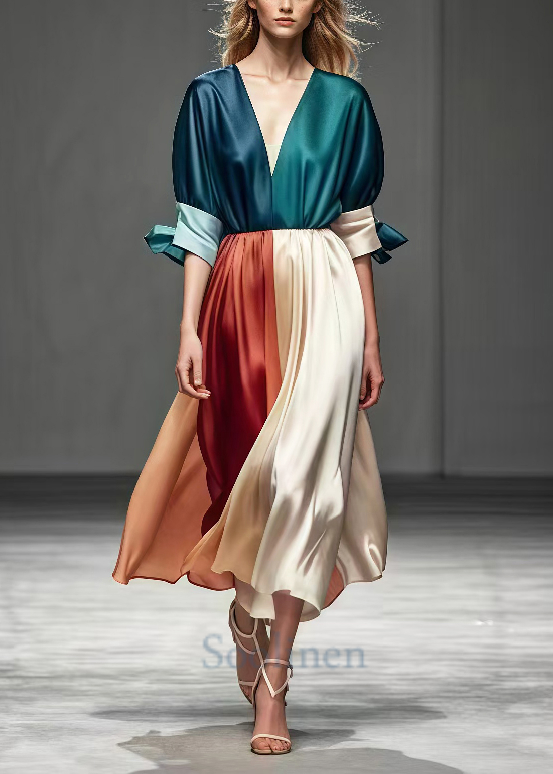 Colorblock V Neck Patchwork Exra Large Hem Silk Dress Summer