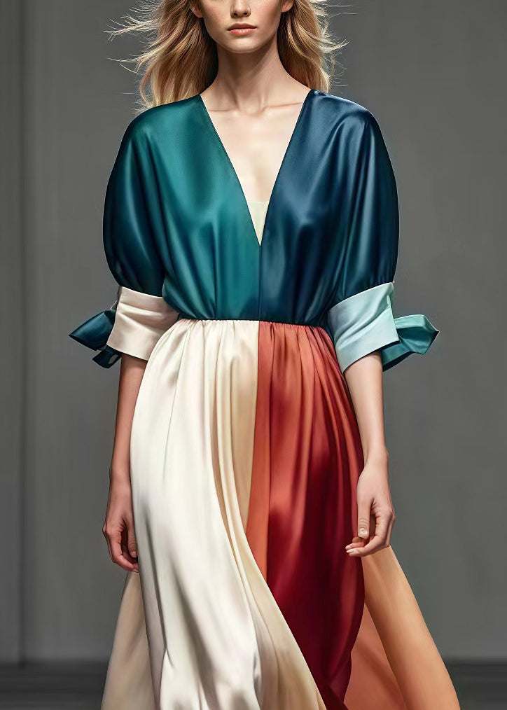 Colorblock V Neck Patchwork Exra Large Hem Silk Dress Summer