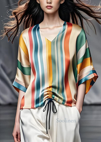Colorblock V Neck Striped Cinched Silk Top Summer