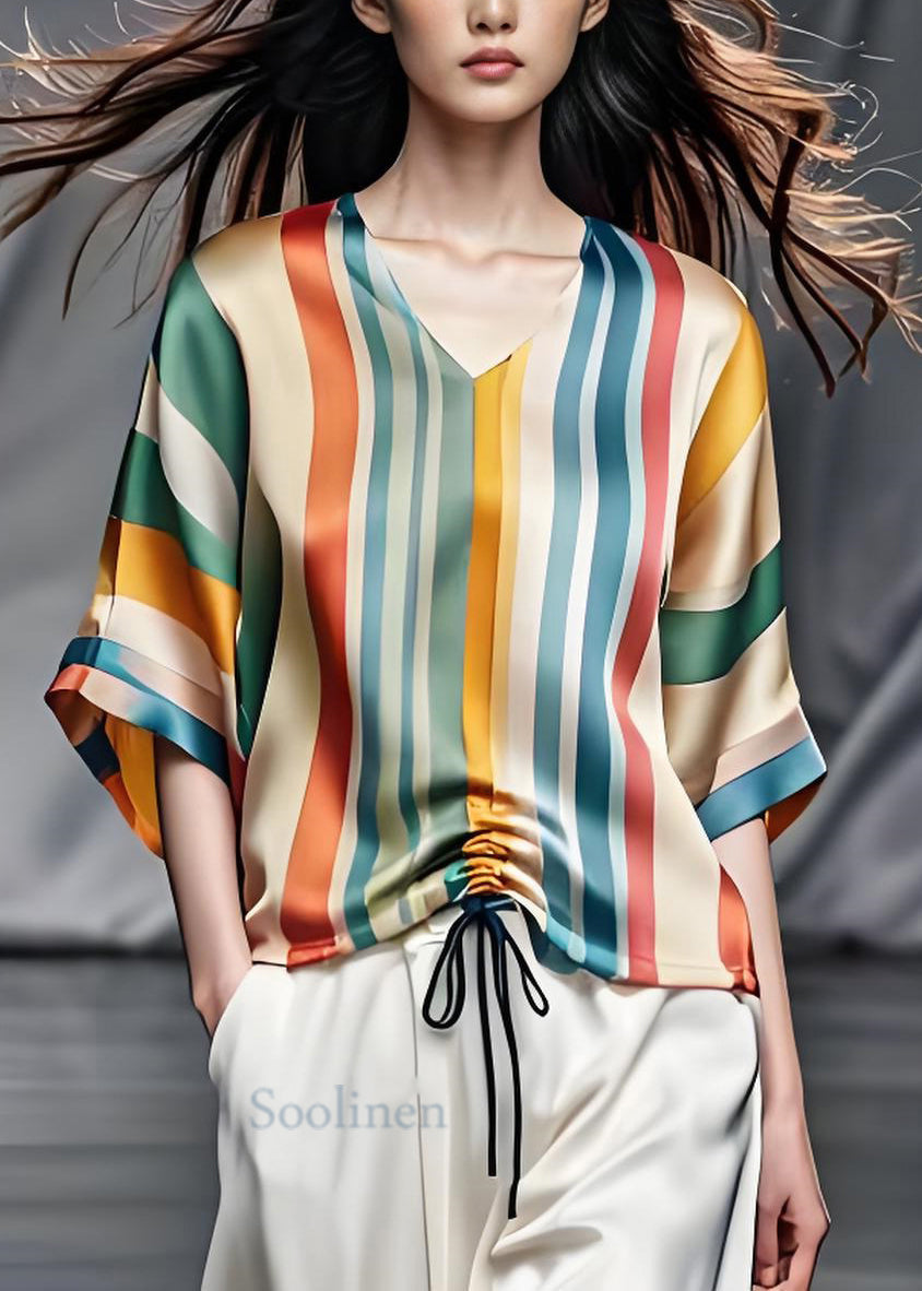 Colorblock V Neck Striped Cinched Silk Top Summer