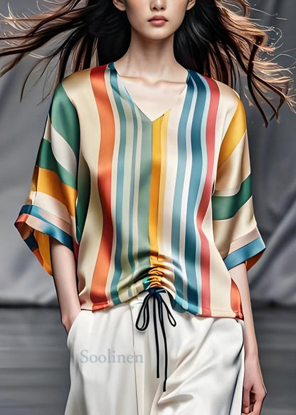 Colorblock V Neck Striped Cinched Silk Top Summer