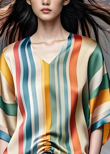 Colorblock V Neck Striped Cinched Silk Top Summer