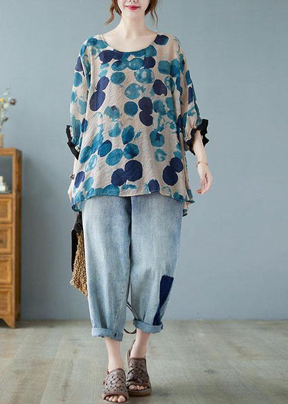 Cotton Linen Gray Dotted Top Batwing Sleeve