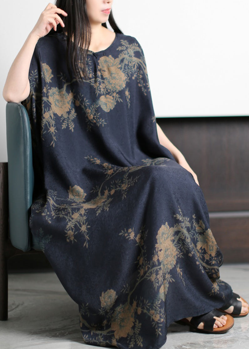 Dark Blue O-neck Print Silk Holiday Dress Short Sleeve