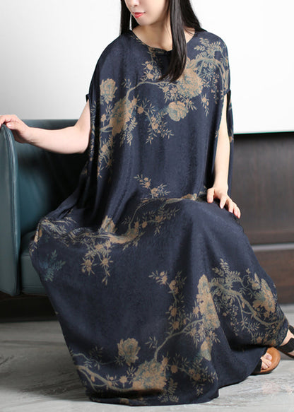 Dark Blue O-neck Print Silk Holiday Dress Short Sleeve