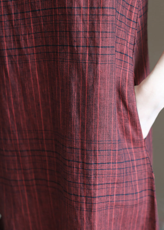 Dark Red Plaid Stand Collar Chinese Style Button Linen a Line Dresses Short Sleeve