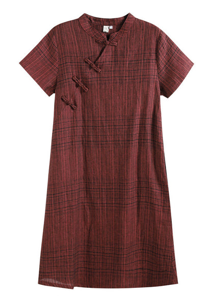 Dark Red Plaid Stand Collar Chinese Style Button Linen a Line Dresses Short Sleeve