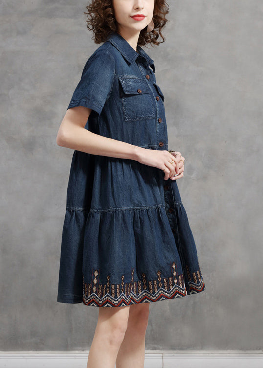 Denim Blue Peter Pan Collar Embroideried Cotton Shirt Dress Short Sleeve