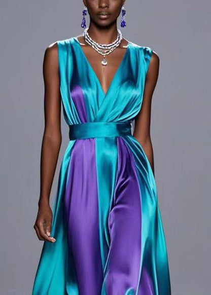 Dull Green Cinched Patchwork Silk Vacation Dresses Sleeveless