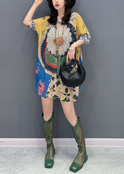 O Neck Print Patchwork Cotton Mid Dress Summer