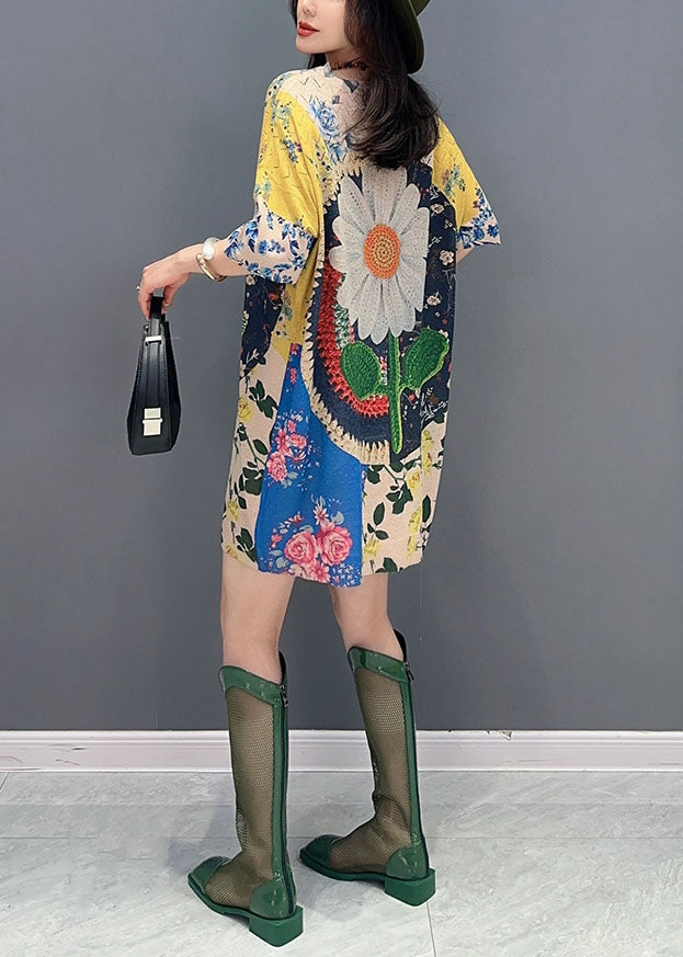 O Neck Print Patchwork Cotton Mid Dress Summer