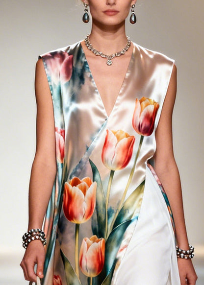 Flower Print Patchwork Chiffon Maxi Dresses Sleeveless