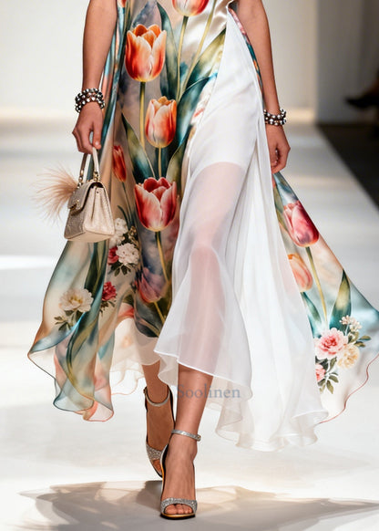 Flower Print Patchwork Chiffon Maxi Dresses Sleeveless
