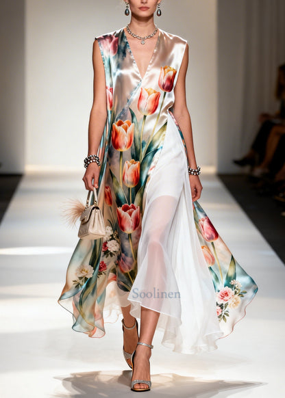 Flower Print Patchwork Chiffon Maxi Dresses Sleeveless