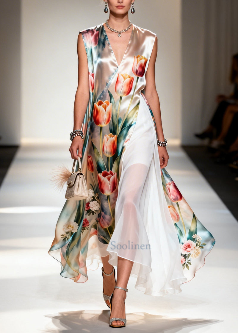Flower Print Patchwork Chiffon Maxi Dresses Sleeveless