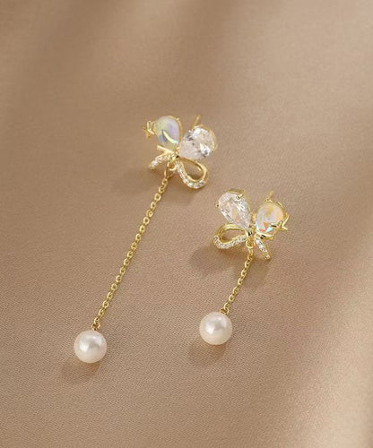 Gold Copper Overgild Asymmetrical Pearl Butterfly Tassel Drop Earrings