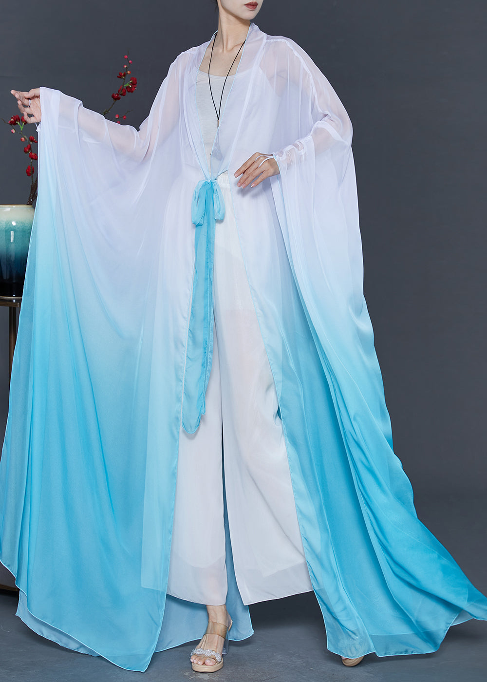 Gradient Blue Oversized Chiffon Cardigan Fall