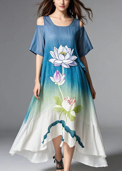 Gradient Color Cold Shoulder Lotus Print Cotton Dress Summer