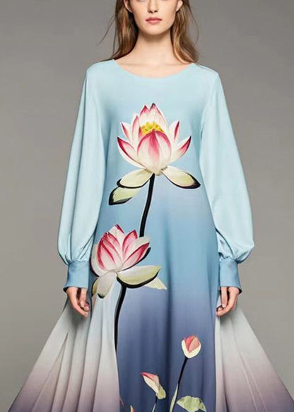 Gradient Color Lotus Print Chiffon Dress Spring
