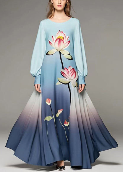 Gradient Color Lotus Print Chiffon Dress Spring