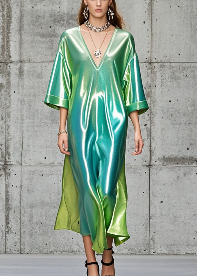 Gradient Color V Neck Side Open Silk Dress Summer