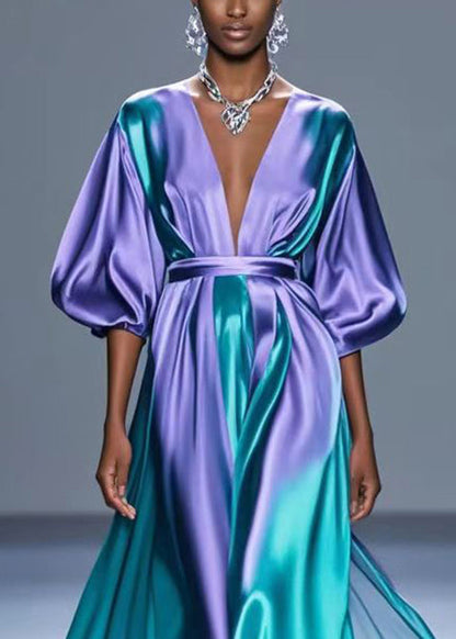 Gradient Purple V Neck Tie Dye Silk Long Dress Spring
