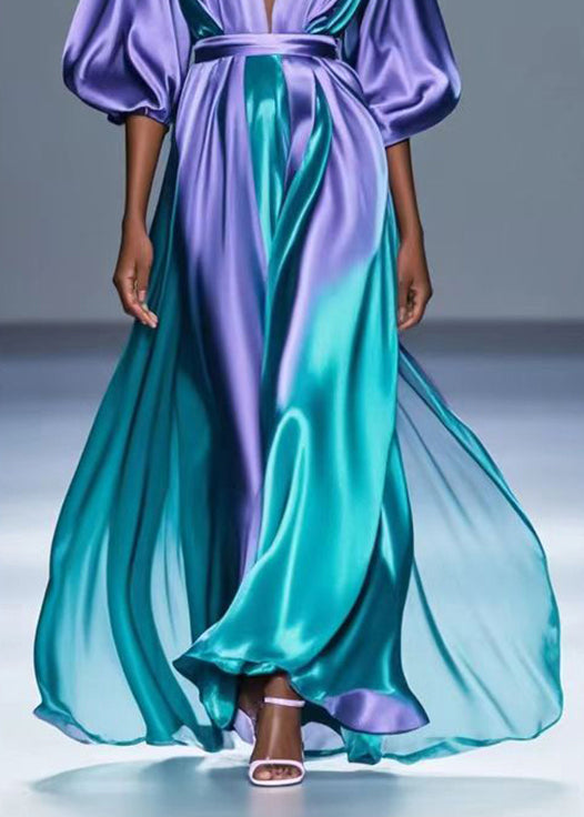 Gradient Purple V Neck Tie Dye Silk Long Dress Spring